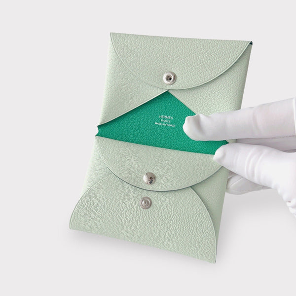 Hermes Calvi Duo Card Holder In Vert Fizz, Green Chevre Leather