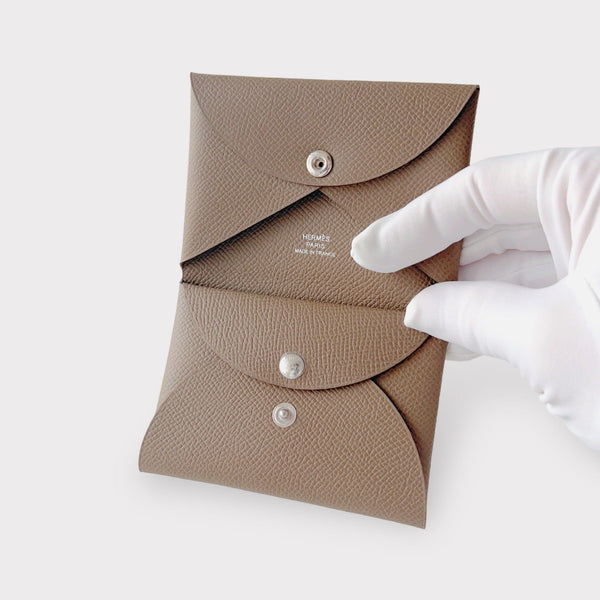 Hermes Calvi Duo Card Holder In Etoupe, Brown Epsom Leather