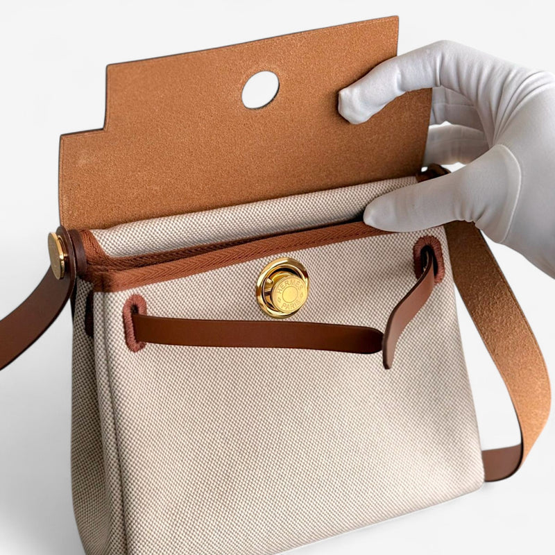 Hermes Mini Herbag 20 In Ecru, Beige & Fauve With Gold Hardware, K Stamp