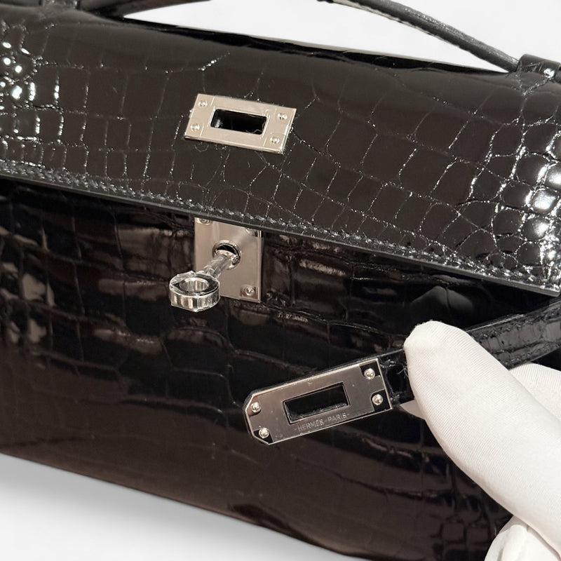 Hermes Kelly Pochette In Black Aligator And Palladium Hardware