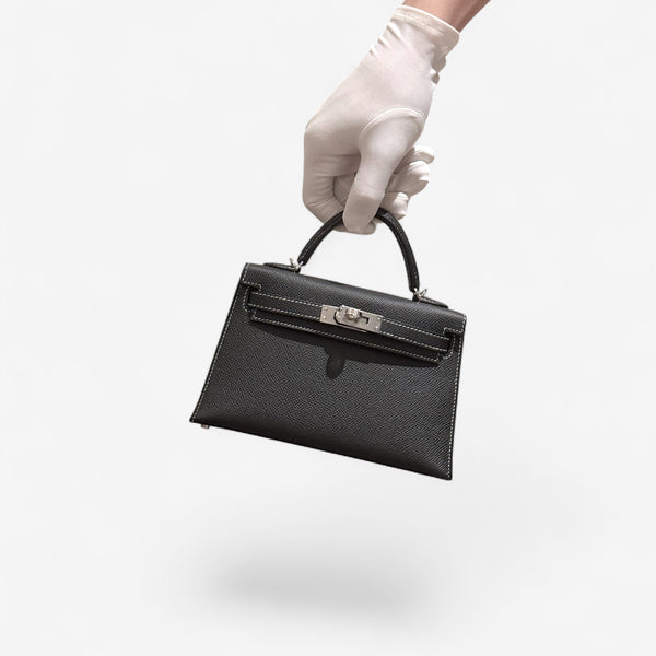 Hermes Mini Kelly In Black, Gris Perle Stitching and Gold Hardware, Epsom Leather