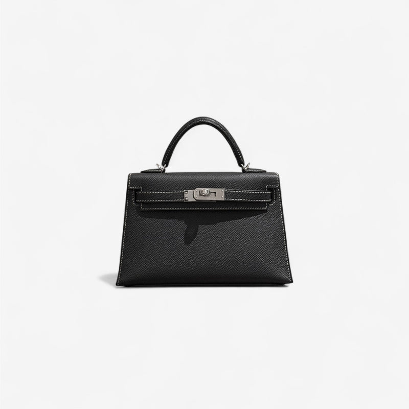 Hermes Mini Kelly In Black, Gris Perle Stitching and Gold Hardware, Epsom Leather