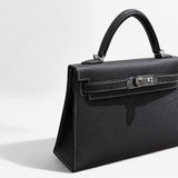 Hermes Mini Kelly In Black, Gris Perle Stitching and Gold Hardware, Epsom Leather