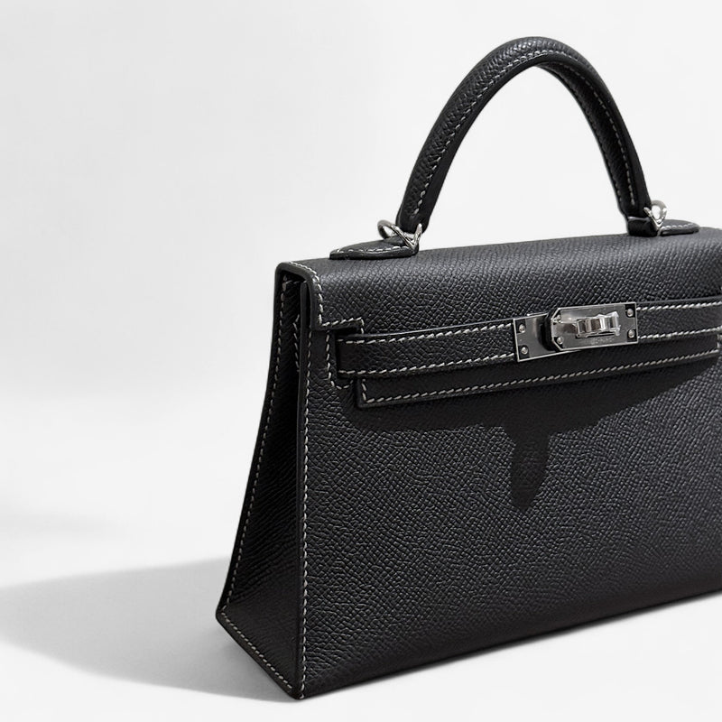Hermes Mini Kelly In Black, Gris Perle Stitching and Gold Hardware, Epsom Leather