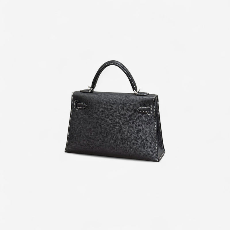 Hermes Mini Kelly In Black, Gris Perle Stitching and Gold Hardware, Epsom Leather