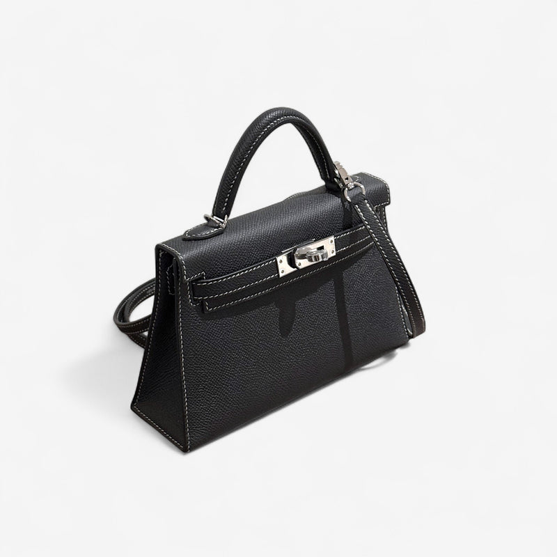 Hermes Mini Kelly In Black, Gris Perle Stitching and Gold Hardware, Epsom Leather