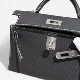 Hermes Mini Kelly In Black, Gris Perle Stitching and Gold Hardware, Epsom Leather