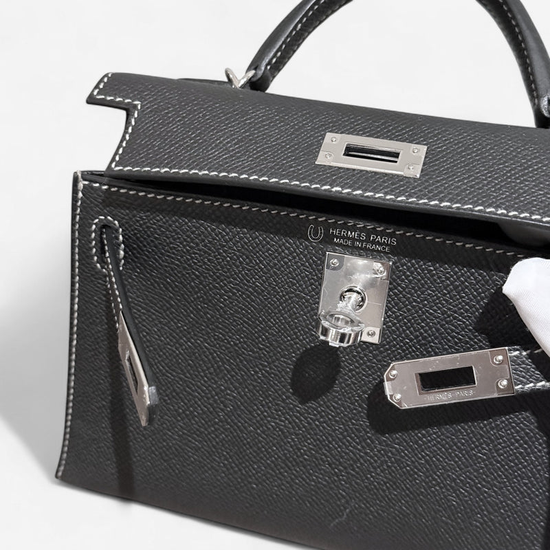 Hermes Mini Kelly In Black, Gris Perle Stitching and Gold Hardware, Epsom Leather