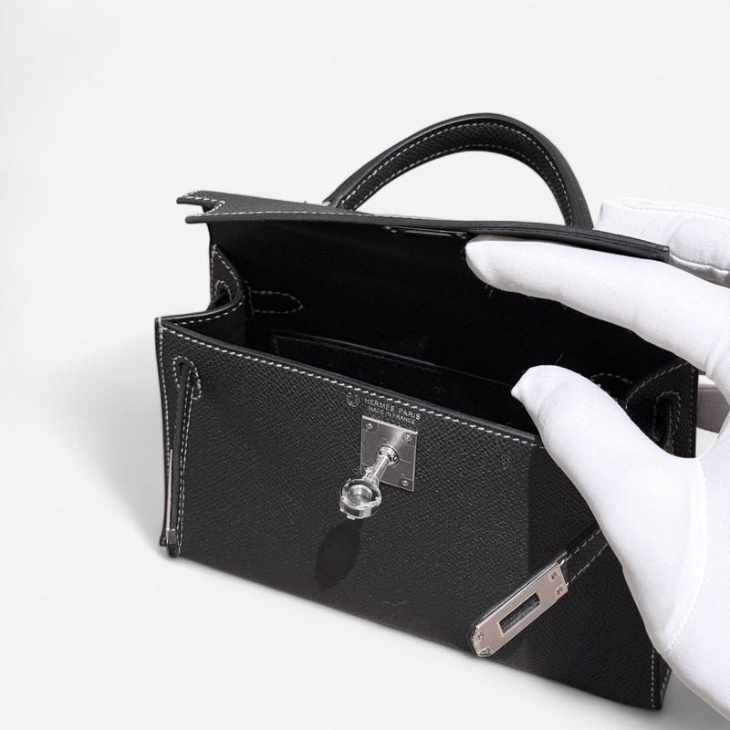 Hermes Mini Kelly In Black, Gris Perle Stitching and Gold Hardware, Epsom Leather