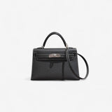 Hermes Mini Kelly In Black, Gris Perle Stitching and Gold Hardware, Epsom Leather