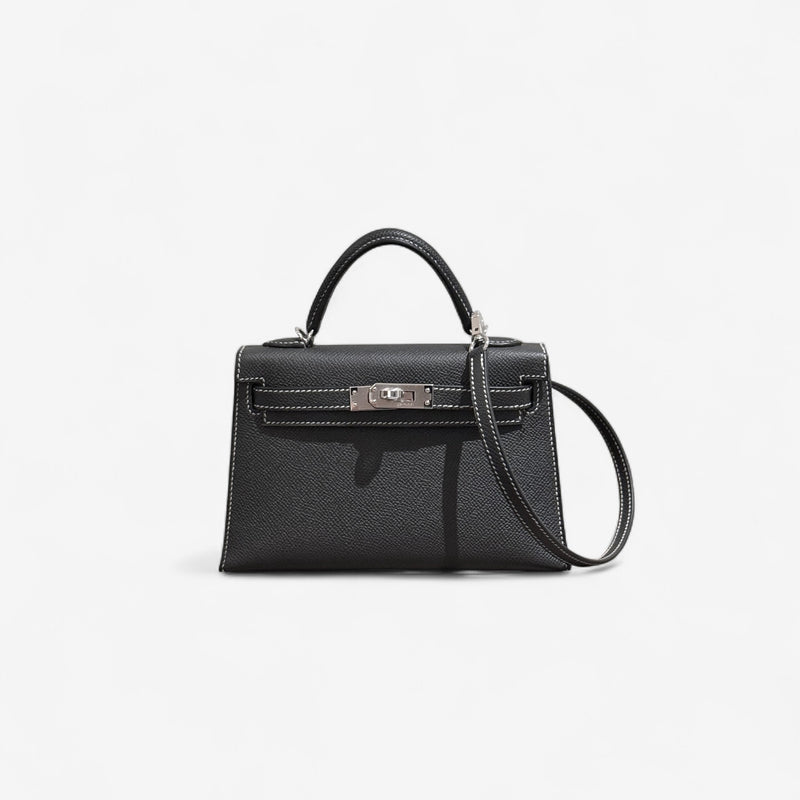 Hermes Mini Kelly In Black, Gris Perle Stitching and Gold Hardware, Epsom Leather