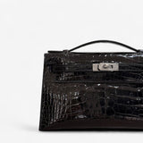 Hermes Kelly Pochette In Black Aligator And Palladium Hardware