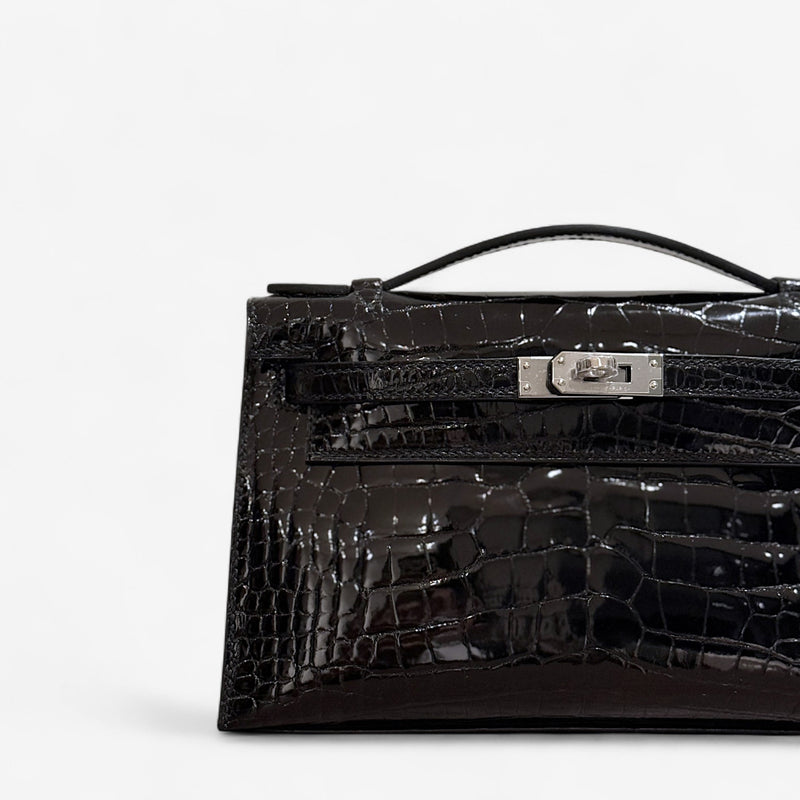 Hermes Kelly Pochette In Black Aligator And Palladium Hardware