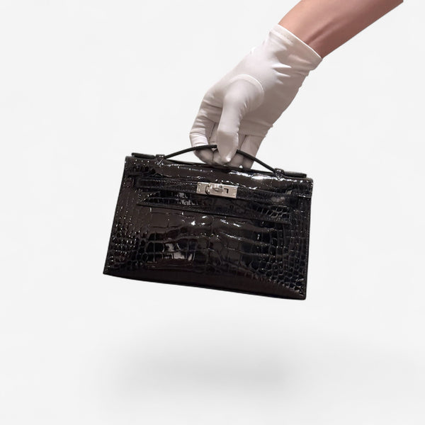Hermes Kelly Pochette In Black Aligator And Palladium Hardware