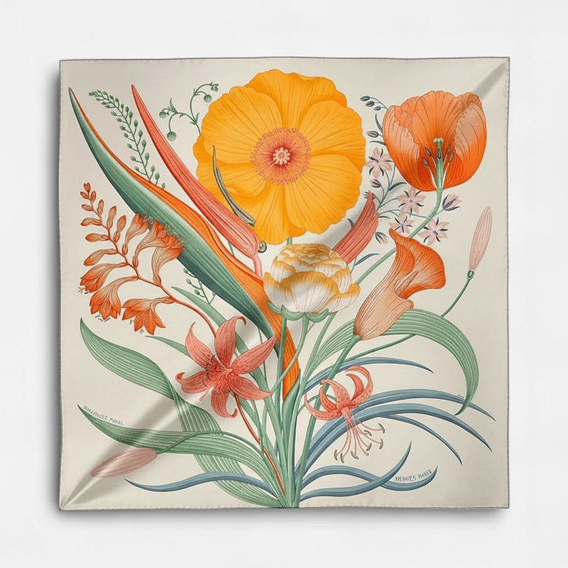 Hermes Bouquet Final Scarf in Gris Cendre, Orange & Vert