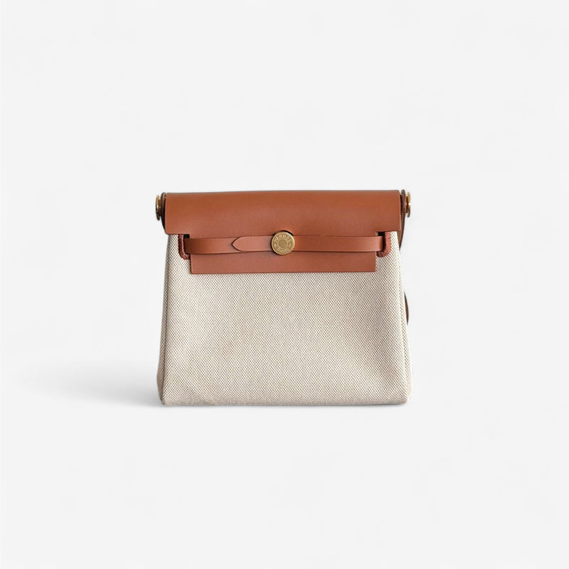 Hermes Mini Herbag 20 In Ecru, Beige & Fauve With Gold Hardware, K Stamp