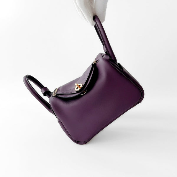 Hermes Rare Mini Lindy In Cassis And Royal Bleu, With Gold Hardware