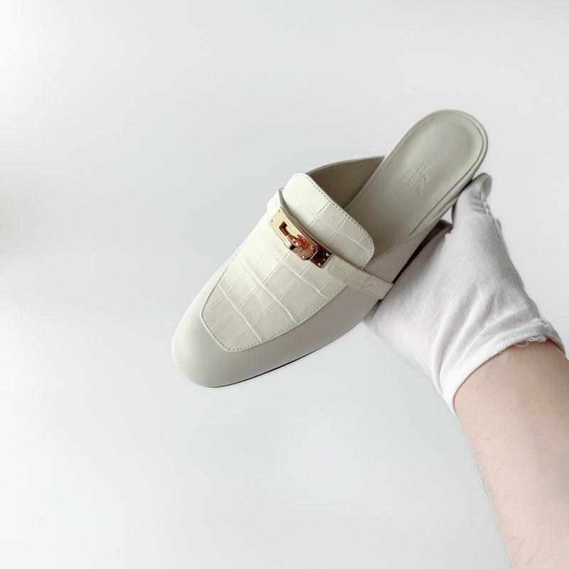 Hermes Women's Oz Mules In Beige Glaise Croc And Rose Gold Hardware, Size 38