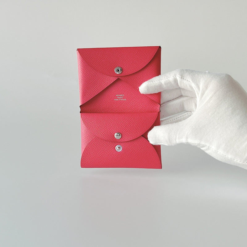 Hermes Calvi Duo Compact Card Holder In Rose Extreme Epsom Leather - Found Fashion