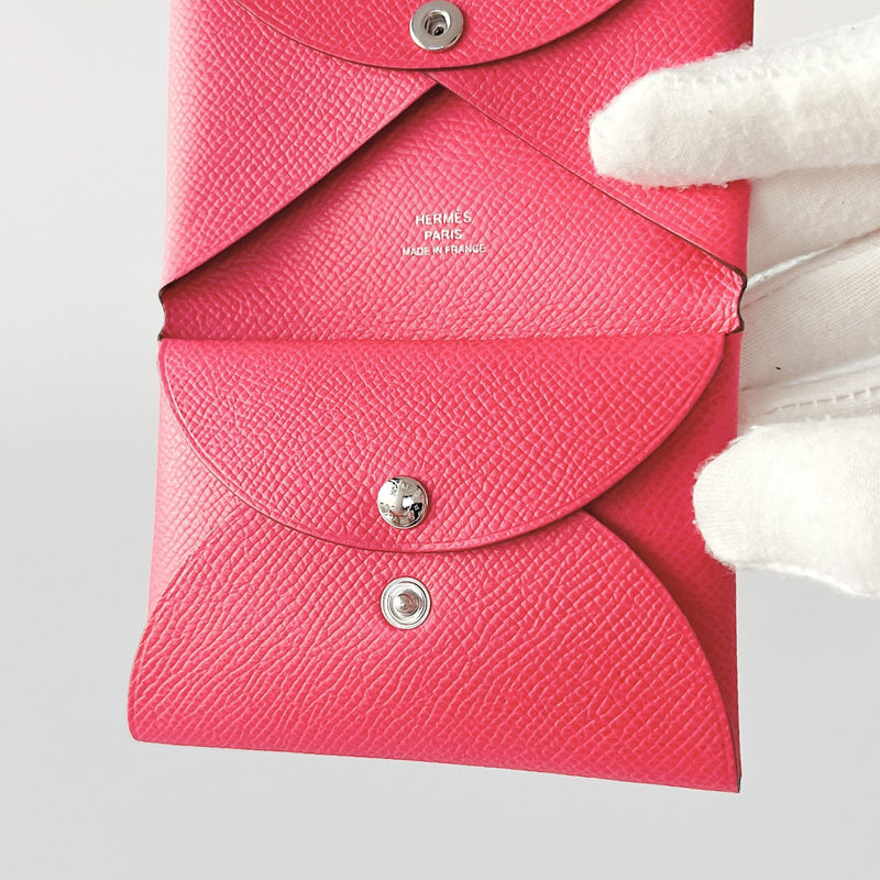 Hermes Calvi Duo Compact Card Holder In Rose Extreme Epsom Leather - Found Fashion
