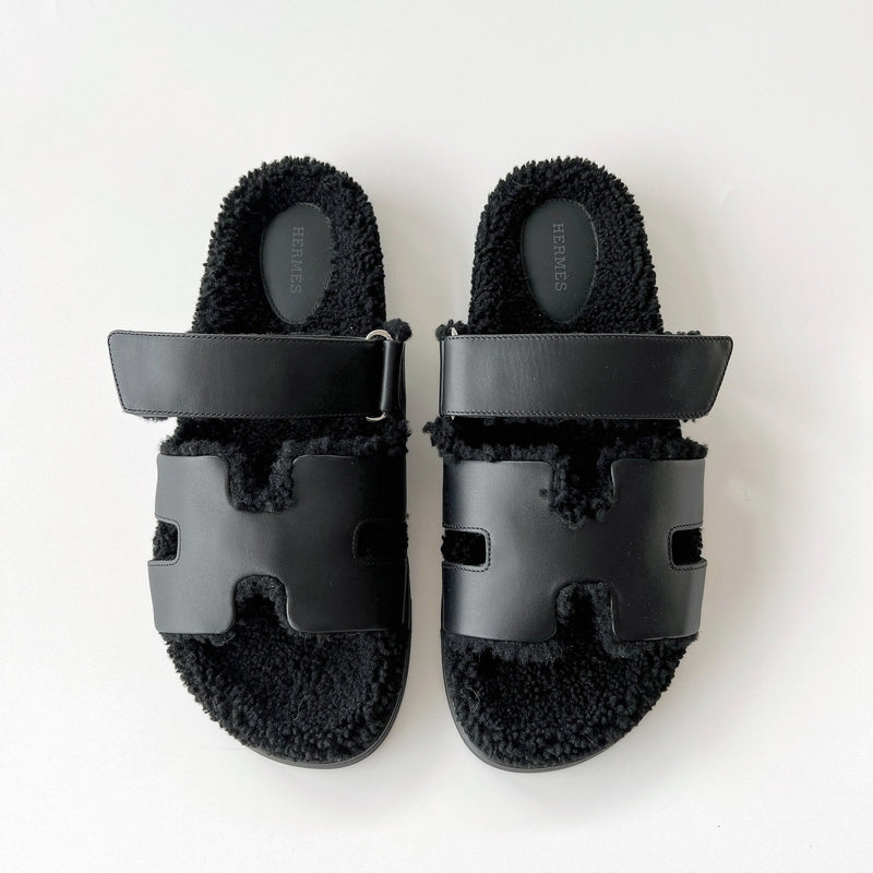 Hermes Chypre Fur Sandal | Woolskin Black | Size 42 - Found Fashion