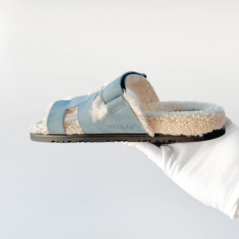 Hermes Chypre Sandal In Bleu Pinède / Écru, Suede And Shearling| Womens 40.5 EU - Found Fashion