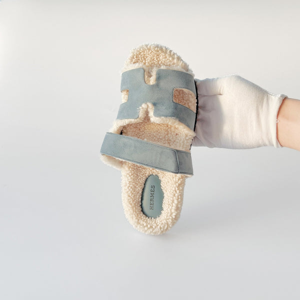 Hermes Chypre Sandal In Bleu Pinède / Écru, Suede And Shearling| Womens 40.5 EU - Found Fashion