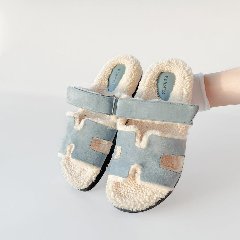 Hermes Chypre Sandal In Bleu Pinède / Écru, Suede And Shearling| Womens 40.5 EU - Found Fashion