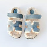 Hermes Chypre Sandal In Bleu Pinède / Écru, Suede And Shearling| Womens 40.5 EU - Found Fashion