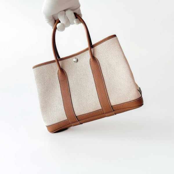 Hermes Garden Party 30 In Ecru Canvas and Abricot Negonda Leather - Found Fashion