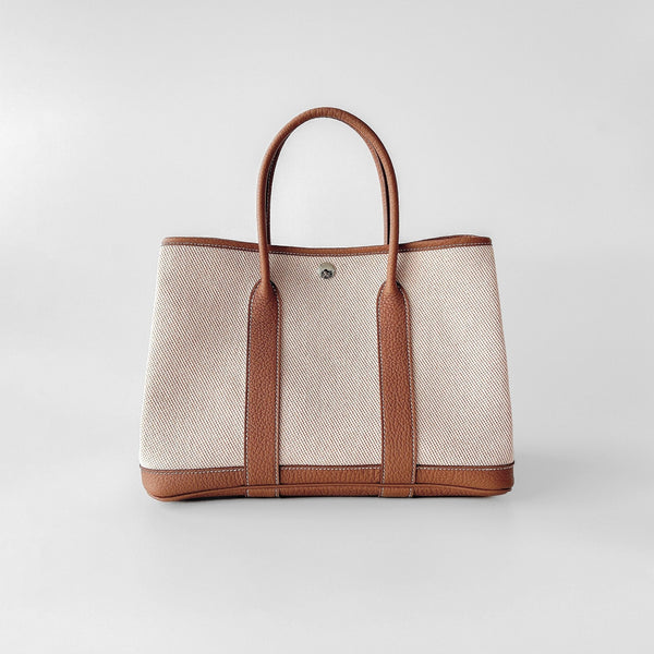 Hermes Garden Party 30 In Ecru Canvas and Abricot Negonda Leather - Found Fashion