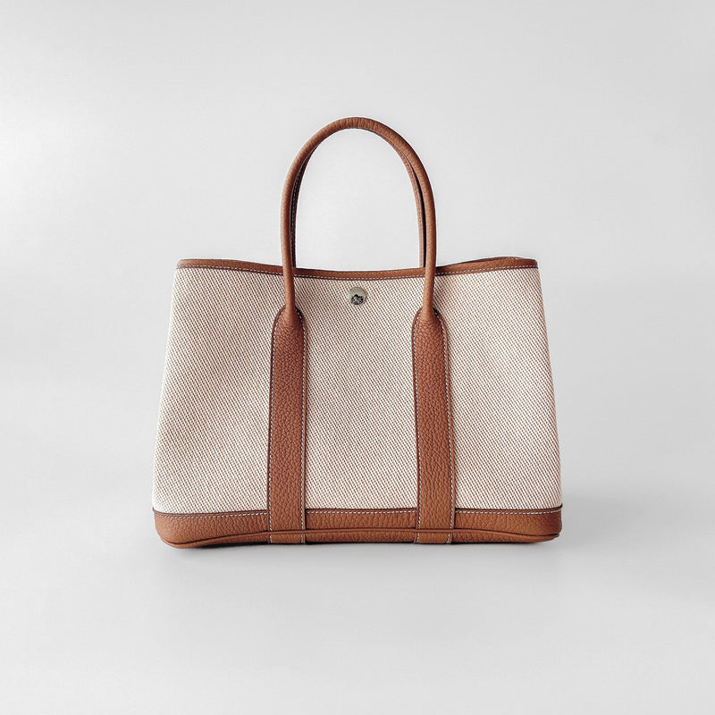 Hermes Garden Party 30 In Ecru Canvas and Abricot Negonda Leather - Found Fashion