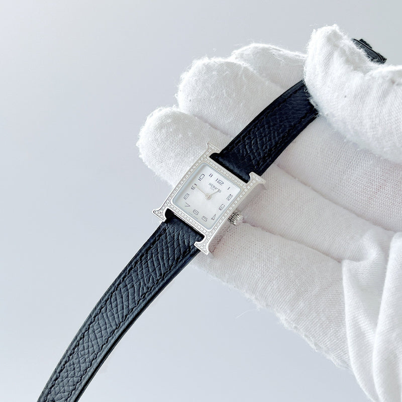 Hermes Heure H Diamond Set H Watch, Black Calfskin Strap, 21mm - Found Fashion