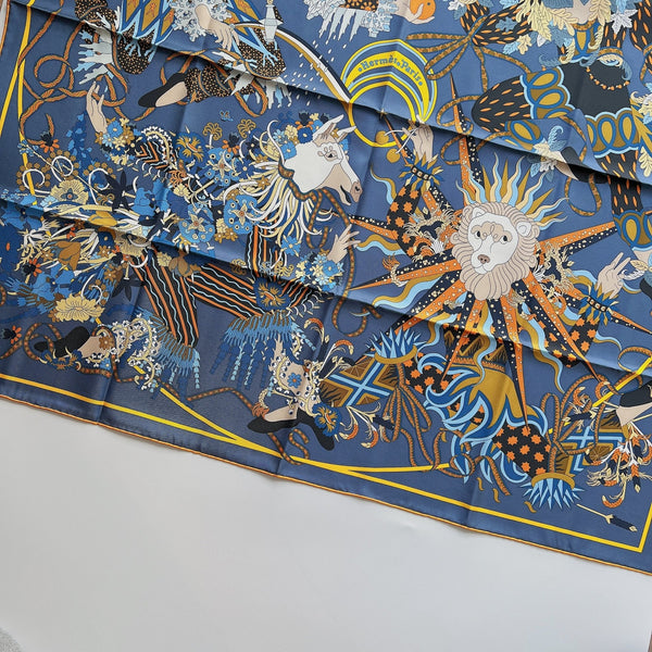 Hermes Le Sacre des Saisons scarf 90 In Navy Blue, Caramel And Gold - Found Fashion