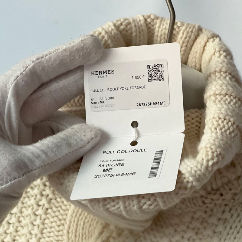 Hermes Men's "Yoke Torsade" Turtleneck Sweater In Ivory, Size M - Found Fashion