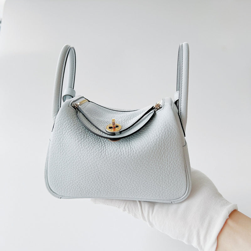 Hermes Mini Lindy In Bleu Pale Clemence Leather With Gold Hardware (Pale Blue) - Found Fashion
