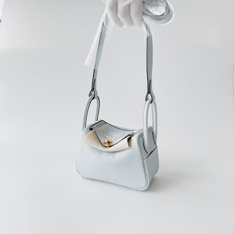 Hermes Mini Lindy In Bleu Pale Clemence Leather With Gold Hardware (Pale Blue) - Found Fashion