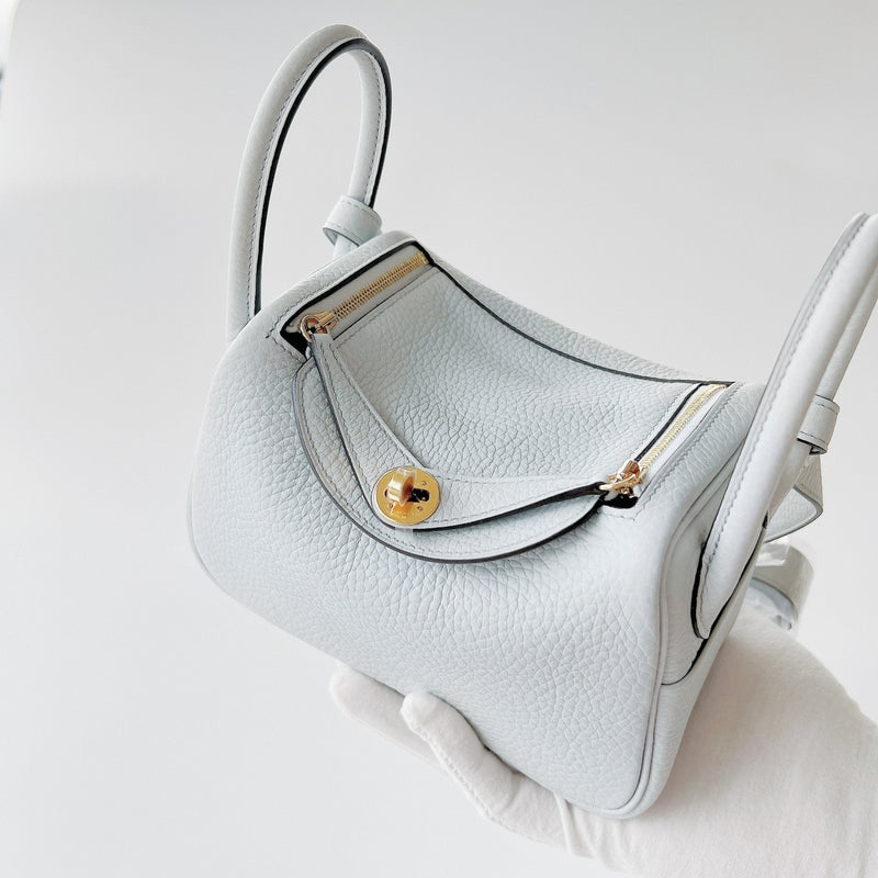 Hermes Mini Lindy In Bleu Pale Clemence Leather With Gold Hardware (Pale Blue) - Found Fashion