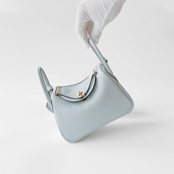 Hermes Mini Lindy In Bleu Pale Clemence Leather With Gold Hardware (Pale Blue) - Found Fashion