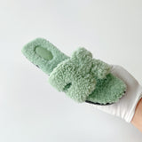 Hermès Oran Woolskin Fluffy Fur Sandals | Vert D'Eau | Size 38.5 - Found Fashion