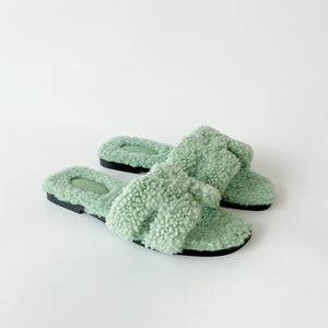 Hermès Women's Oran Woolskin Sandals, 38.5, Vert D'Eau