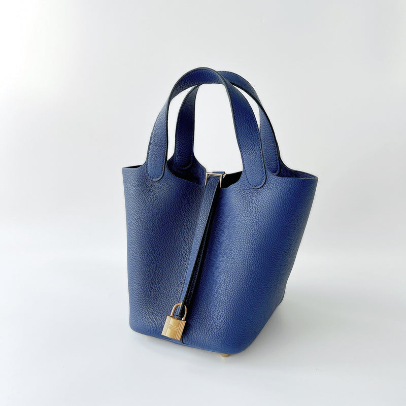 Hermes Picotin Lock Bag 18 In Bleu Saphir Leather And Gold Hardware - Found Fashion