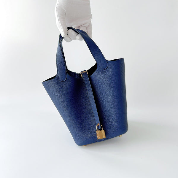 Hermes Picotin Lock Bag 18 In Bleu Saphir Leather And Gold Hardware - Found Fashion
