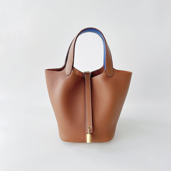 Hermes Rare Picotin 18 In Gold And Bleu Royale With Gold Hardware - Found Fashion