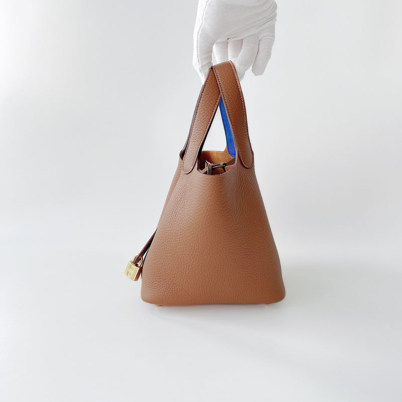 Hermes Rare Picotin 18 In Gold And Bleu Royale With Gold Hardware - Found Fashion