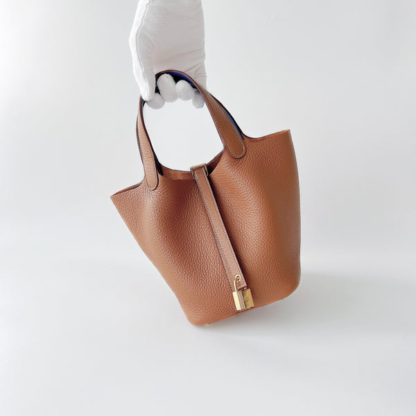 Hermes Rare Picotin 18 In Gold And Bleu Royale With Gold Hardware - Found Fashion