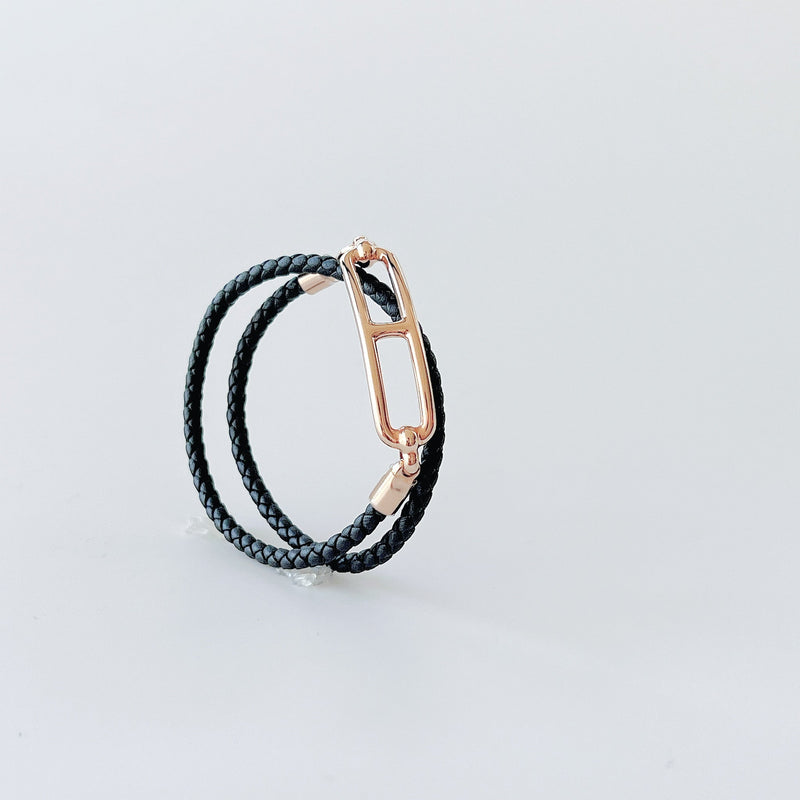 Hermes Roulis Double Tour Bracelet In Black With A Rose Gold Closure - Found Fashion