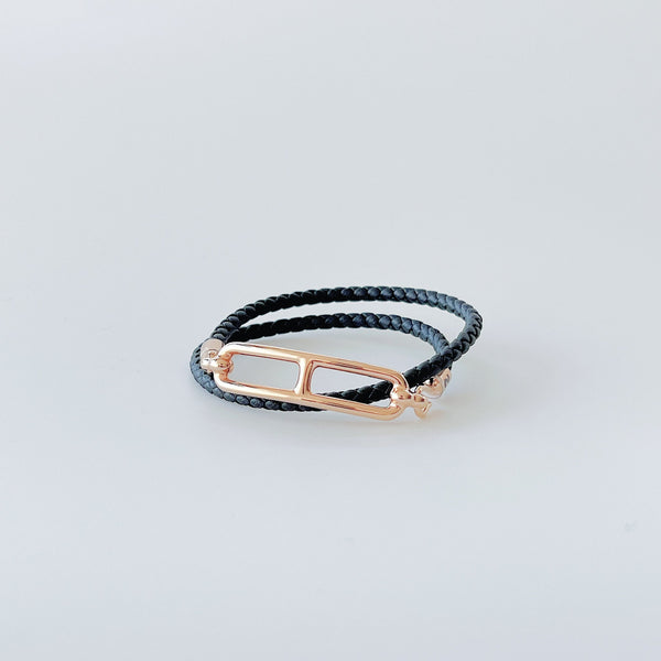 Hermes Roulis Double Tour Bracelet In Black With A Rose Gold Closure - Found Fashion