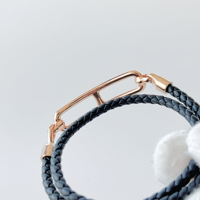 Hermes Roulis Double Tour Bracelet In Black With A Rose Gold Closure - Found Fashion