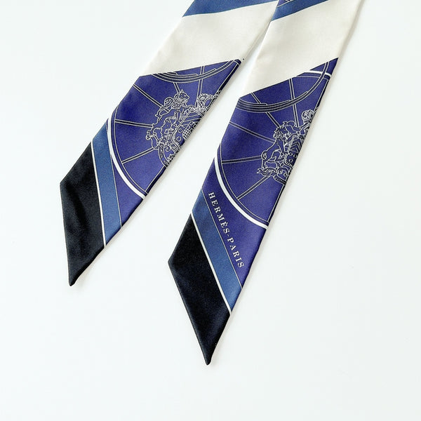 Hermes Springs Springs Twilly In Marine, Crème And Pétrole. Navy Blue. - Found Fashion